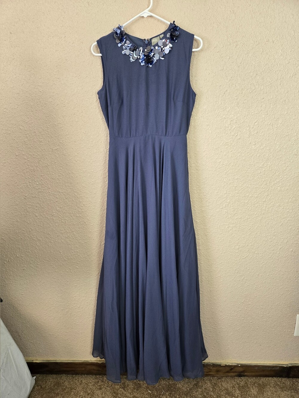 Womens Blue Maxi Dress With Sequince Neckline Size 6 New #C1292
